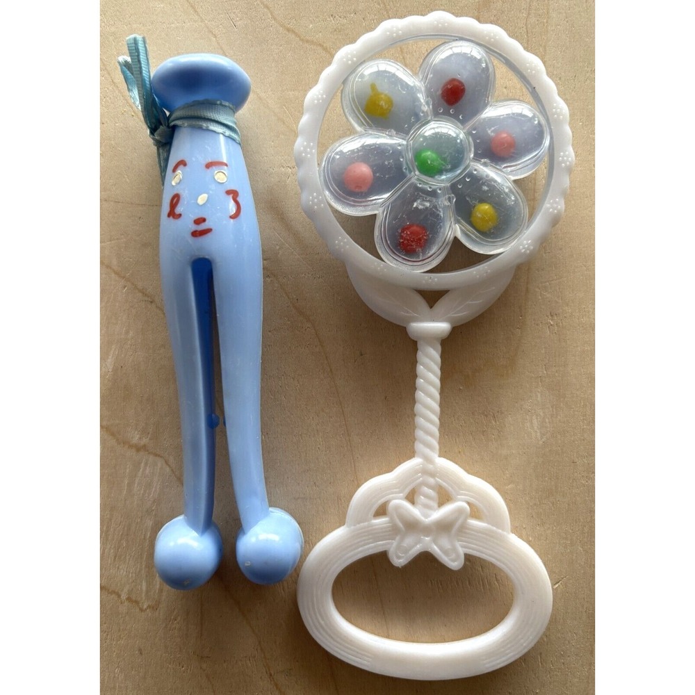 Vtg Fibre Craft Baby Rattle Flower Hong Kong Anthropomorphic Clothespin Blue
